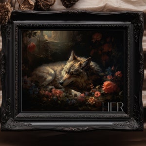 Silberner Wolf schläft im Wald Dark Cottagecore Wald Gothic Botanische Malerei Wilde Tiere WandKunst Dekor Antikes Gemälde Druckbare Kunst