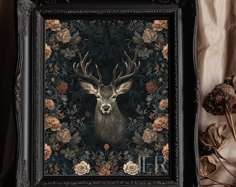 Moody Deer Floral Print: Dark Cottagecore Botanical Art (Digital Download)