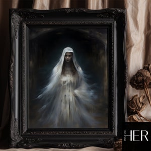 Portrait of Spirit Ghost woman Dark Academia Spooky Halloween Decor Gothic Moody Wall Art Old Victorian Oil painting Antique Printable art