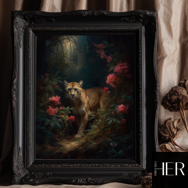 Moody Mountain lion in Dark Forest core Cottagecore Academia Gothic Floral Botanical Animal Wall Art Decor Retro painting Printable download