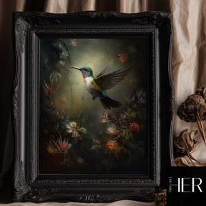 Hummingbird in Forest Cottagecore Academia Gothic Floral Botanical Wild Animal Wall Art Decor Moody Retro Oil painting Printable digital art