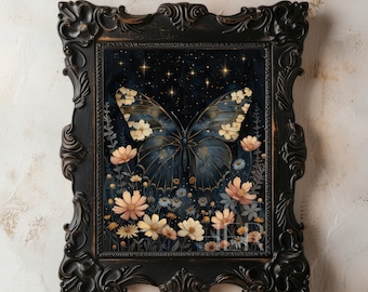 Dark Cottagecore Butterfly Print: Moody Floral Gothic Wall Art (Digital Download)