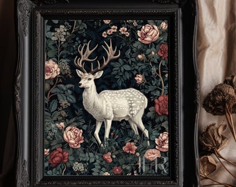 White Deer Floral Print: Dark Botanical Cottagecore Wall Art (Digital Download)
