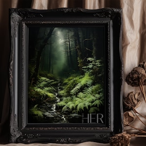 Alter Waldbach und Farn Landschaft WandKunst Dekor Moody Antikes Ölgemälde Dark Cottagecore Academia Gothic Floral Landschaft Druckbare Kunst