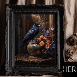 Raven Vase flowers Victorian Mansion Dark Cottagecore Academia Floral Gothic Animal Wall Art Decor Moody Vintage Oil painting Printable art