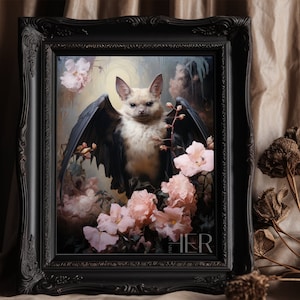 Floral magic Bat Painting Dark Cottagecore Academia Gothic Botanical Wall Art Wild Animal Print Witch Decor Antique painting Printable art