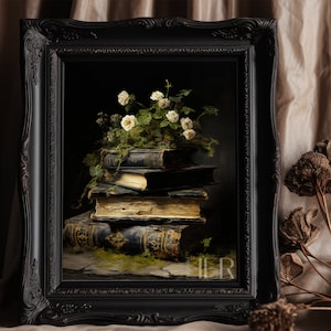 May include: A still life painting of a stack of antique books with a bouquet of white roses on top. The books are bound in leather and have gold lettering. The roses are arranged in a cluster and have green leaves. The painting is framed in a black frame.