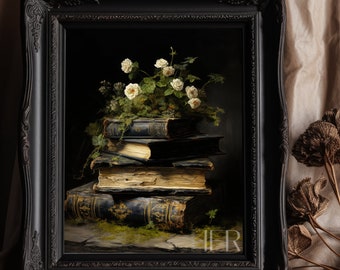Ancient Books and Moss Print, Dark Academia Botanical Art (Digital Download)