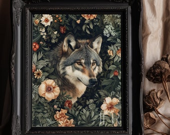 Wolf Floral Botanical Art Print: Dark Academia Cottagecore (Digital Download)