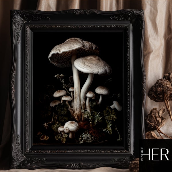 Wood mushrooms - Still life Dark Botanical Academia Cottagecore Forest Moody Vintage Oil painting Printable digital download Wall Art Decor