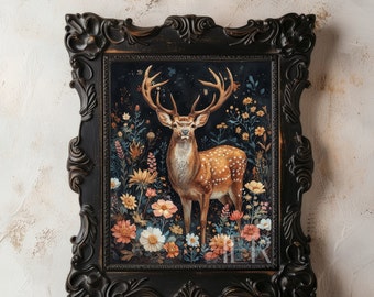 Deer and Flowers Meadow Print: Dark Cottagecore Botanical Art (Digital Download)