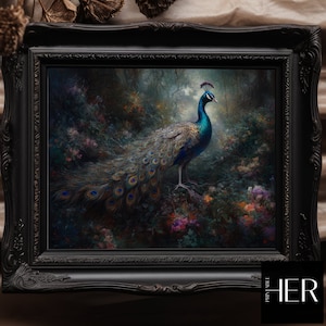 Peacock in Dark Forest Vintage Oil Painting: Botanical Gothic Wall Art (Digital Download)