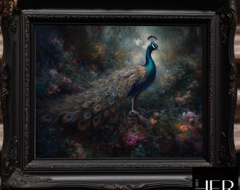 Peacock in Dark Forest Vintage Oil Painting: Botanical Gothic Wall Art (Digital Download)