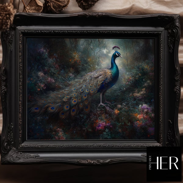Peacock in Dark Forest core Cottagecore Academia Gothic Floral Botanical Wild Animal Wall Art Decor Moody Vintage Oil painting Printable art
