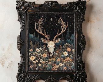 Deer Skull Floral Print: Dark Cottagecore Gothic Wall Art (Digital Download)