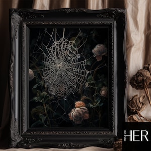 Spider web n flowers Dark Cottagecore Academia Botanical Gothic Floral Wall Art Decor Moody Vintage Oil painting Printable digital download