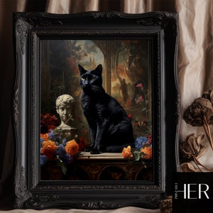 May include: A black cat with yellow eyes sits on a ledge in a framed painting. The cat is surrounded by flowers and greenery. A bust of a person is visible in the background.