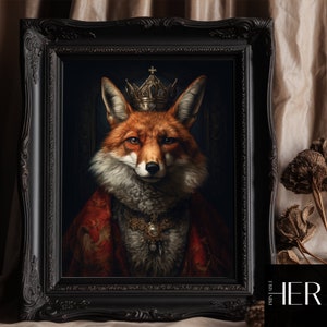 Victorian Portrait of Fox in crown Dark Cottagecore Academia Gothic Floral Wild Animal Wall Art Decor Moody Vintage painting Printable art