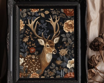 Deer in Dark Floral Forest Print: Gothic Cottagecore Wall Art (Digital Download)