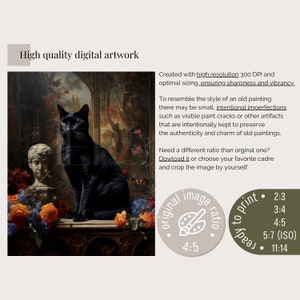 Gothic Black Cat in Victorian mansion Printable Wall Art Decor will indulge in dark academia aesthetic. Moody animal digital wall art of a black cat sitting next to a classical sculpture surrounded by moody flowers in an abandoned Victorian mansion