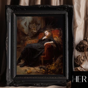 Nightmare - Portrait of tired woman Moody Vintage Victorian Oil painting Dark Academia Cottagecore Wall Art Decor Printable digital download