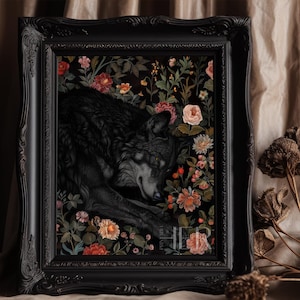 Sleeping Black wolf Dark Forest Art Cottagecore Academia Gothic Botanical Floral Wall Art Decor Moody Wild Animal oil painting Printable art