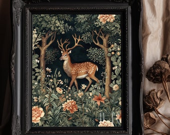 Deer in Dark Forest Print: Gothic Cottagecore Floral Wall Art (Digital Download)