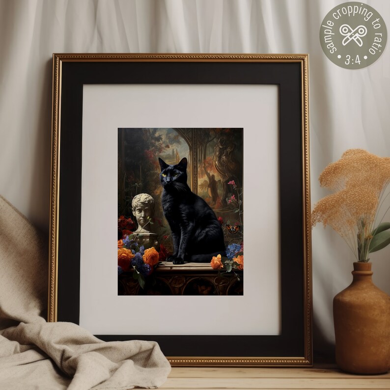 Gothic Black Cat in Victorian mansion Printable Wall Art Decor will indulge in dark academia aesthetic. Moody animal digital wall art of a black cat sitting next to a classical sculpture surrounded by moody flowers in an abandoned Victorian mansion