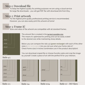 May include: A chart showing different frame sizes and ratios for artwork. The chart includes a green rectangle labeled "Ratio 4:5" and pink rectangles labeled "Ratio 2:3", "Ratio 3:4", and "Ratio 11:14". The chart also includes a section labeled "Ratio 5:7 - ISO Sizes" with four rectangles labeled "A1", "A2", "A3", and "A4".