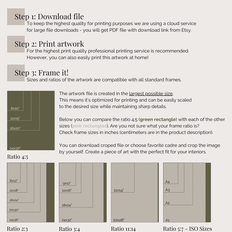 May include: A chart showing different frame sizes and ratios for artwork. The chart includes a green rectangle labeled "Ratio 4:5" and pink rectangles labeled "Ratio 2:3", "Ratio 3:4", and "Ratio 11:14". The chart also includes a section labeled "Ratio 5:7 - ISO Sizes" with four rectangles labeled "A1", "A2", "A3", and "A4".