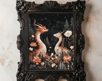 Two Dragons Botanical Print: Magic Meadow Cottagecore Wall Art (Digital Download)
