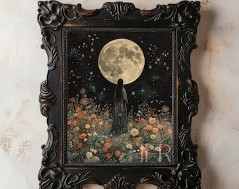 Woman Full Moon Print: Dark Cottagecore Meadow, Gothic Floral Wall Art (Digital Download)