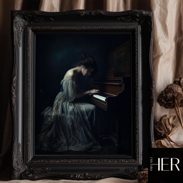 Woman and piano - Moody Vintage Victorian Portrait Oil painting Dark Academia Cottagecore Gothic Printable digital download Wall Art Decor