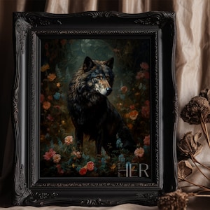 Black Wolf in Deep Forest core Dark Cottagecore Academia Floral Botanical Moody Retro Oil painting Printable digital download Wall Art Decor