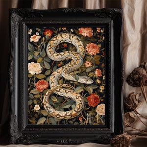 White snake Dark Forest Art Cottagecore Academia Gothic Botanical Floral Wall Art Decor Moody Wild Animal painting Printable download art
