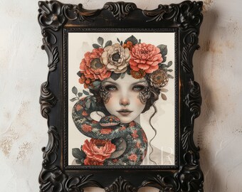 Girl with Snake Print: Dark Cottagecore Floral Wall Art (Digital Download)