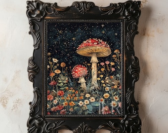 Red Mushroom Meadow Print: Dark Cottagecore Gothic Floral (Digital Download)