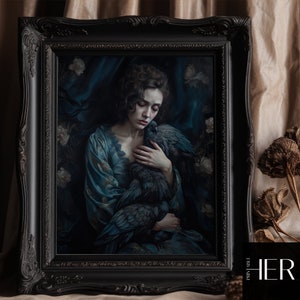 Moody Portrait of Sad Woman with Dark Thoughts Victorian Wall Art Vintage Decor Dark Cottagecore Gothic Floral Oil painting Printable Art