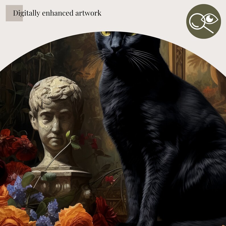Gothic Black Cat in Victorian mansion Printable Wall Art Decor will indulge in dark academia aesthetic. Moody animal digital wall art of a black cat sitting next to a classical sculpture surrounded by moody flowers in an abandoned Victorian mansion