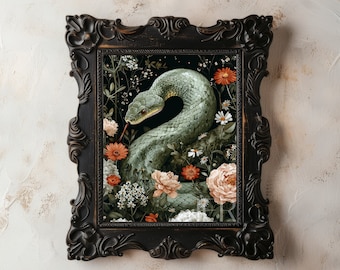 Snake and Flowers Meadow Print: Dark Cottagecore Botanical Wall Art (Digital Download)