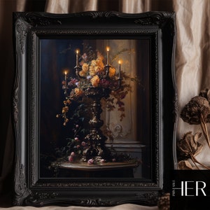 May include: A painting of a gold candelabra with lit candles and a bouquet of yellow and pink flowers in a dark room.
