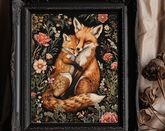 Mama Fox and Baby Floral Art Print: Dark Cottagecore Decor (Digital Download)