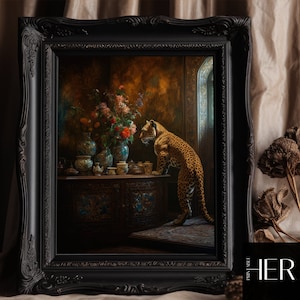 Jaguar Flower vase in Victorian Mansion Dark Cottagecore Academia Vintage Interior Scene Antique painting Moody Wall Art Decor Printable art
