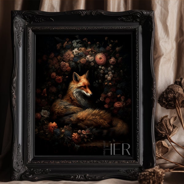 Fox family in Den Dark Forest core Cottagecore Academia Floral Gothic Wild Animal Wall Art Decor Moody Vintage Oil painting Printable art