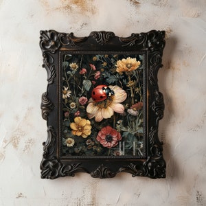 Ladybug and Flowers Dark Cottagecore Print Moody Botanical Decor Floral Wall Art Academia Animal Painting Wildflower Art Digital download