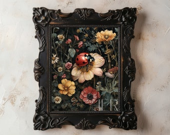 Ladybug and Flowers Dark Cottagecore Print Moody Botanical Decor Floral Wall Art Academia Animal Painting Wildflower Art Digital download