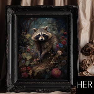 Raccoon in Forest core Dark Cottagecore Academia Floral Botanical Wall Art Decor Moody Victorian Old Oil painting Printable digital download