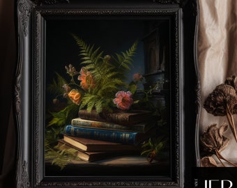 Botanical Book Pile Print, Moody Gothic Academia Wall Art (Digital Download)