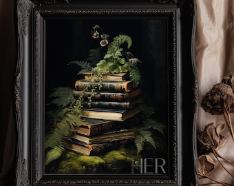 Old Books and Ferns Art Print: Dark Academia Cottagecore (Digital Download)