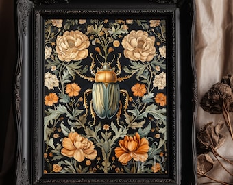 Beetle Floral Art Print: Dark Botanical Cottagecore Decor (Digital Download)